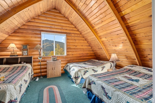bedroom with wood ceiling, log walls, carpet flooring, and lofted ceiling