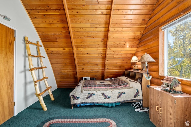 bedroom with carpet, lofted ceiling, multiple windows, and wood ceiling
