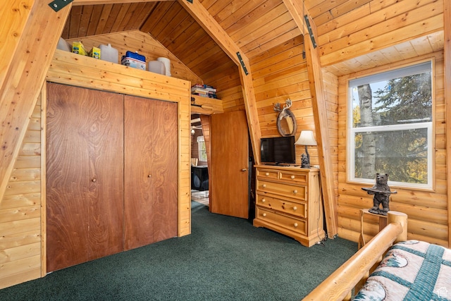 carpeted bedroom featuring wood ceiling, lofted ceiling, and wood walls