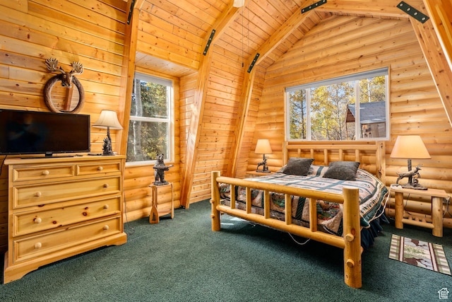 bedroom with dark colored carpet, wooden ceiling, and rustic walls