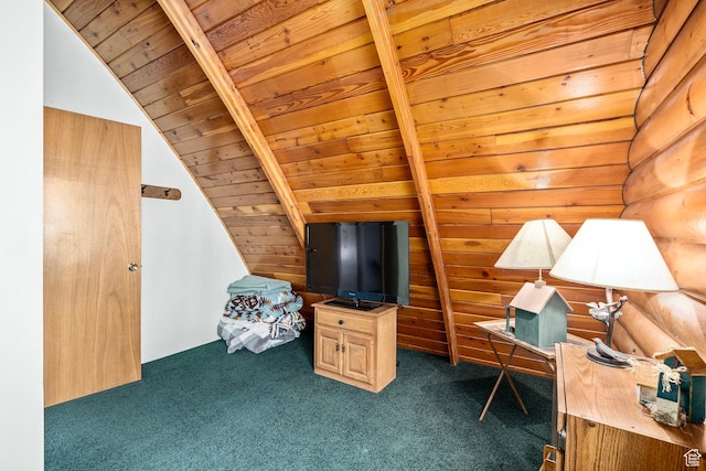 sitting room featuring carpet, wood ceiling, lofted ceiling, and wooden walls