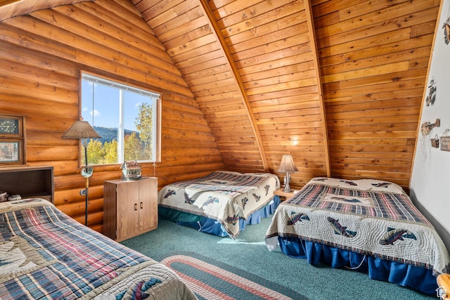 bedroom with log walls, lofted ceiling, carpet floors, and wooden ceiling