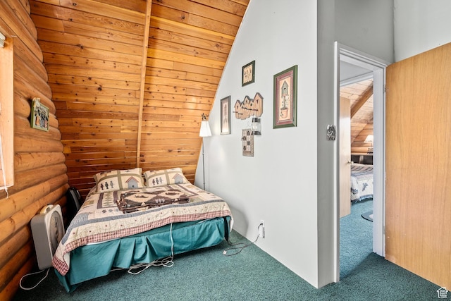 bedroom with carpet floors, lofted ceiling, and log walls