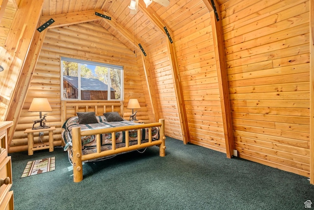 carpeted bedroom featuring rustic walls and wood ceiling
