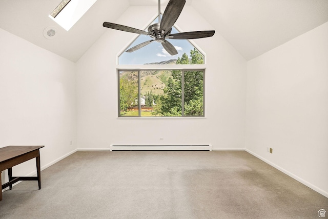 1729 N 1700 E, North Logan, UT 84341 - carpeted empty room featuring a baseboard radiator, a skylight, lofted ceiling, baseboards, and a ceiling fan