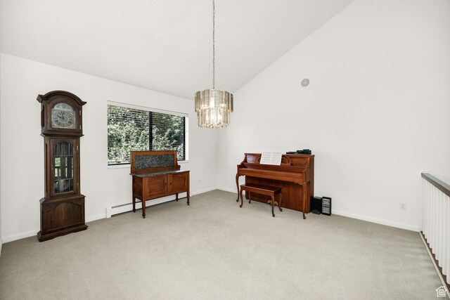 1729 N 1700 E, North Logan, UT 84341 - sitting room with light carpet, a baseboard heating unit, a chandelier, vaulted ceiling, and baseboards