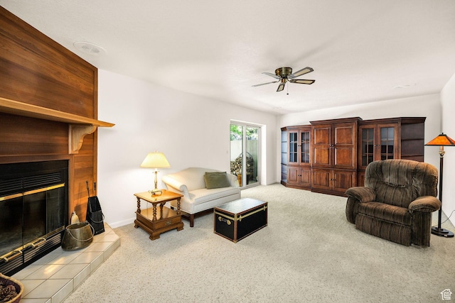 1729 N 1700 E, North Logan, UT 84341 - living room featuring ceiling fan, carpet floors, a fireplace, and baseboards