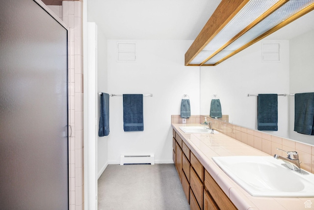 1729 N 1700 E, North Logan, UT 84341 - full bathroom featuring a baseboard heating unit, tasteful backsplash, double vanity, a shower with door, and baseboards