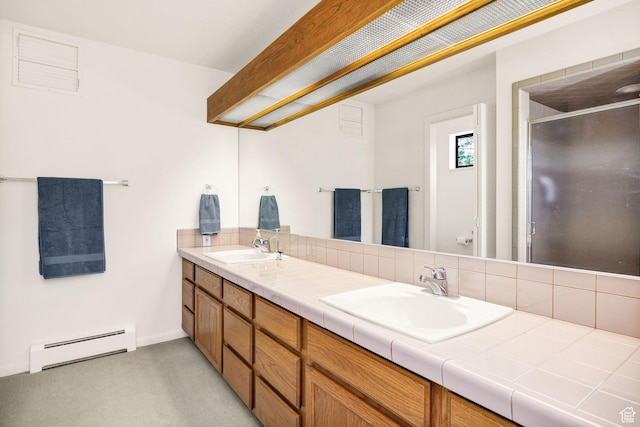 1729 N 1700 E, North Logan, UT 84341 - bathroom with a baseboard heating unit, tasteful backsplash, a shower stall, and double vanity