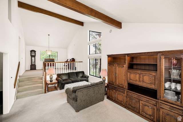 1729 N 1700 E, North Logan, UT 84341 - living room featuring light colored carpet, beam ceiling, high vaulted ceiling, and plenty of natural light