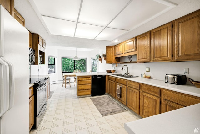 1729 N 1700 E, North Logan, UT 84341 - kitchen with freestanding refrigerator, stainless steel electric range oven, black dishwasher, a sink, and brown cabinetry