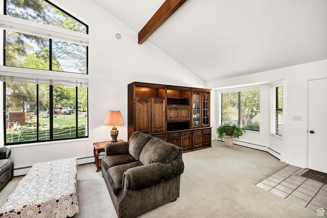 1729 N 1700 E, North Logan, UT 84341 - living area featuring light carpet, high vaulted ceiling, baseboard heating, and beamed ceiling