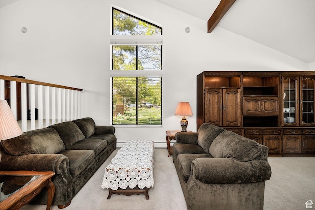 1729 N 1700 E, North Logan, UT 84341 - living area featuring light colored carpet, high vaulted ceiling, beamed ceiling, and a baseboard heating unit