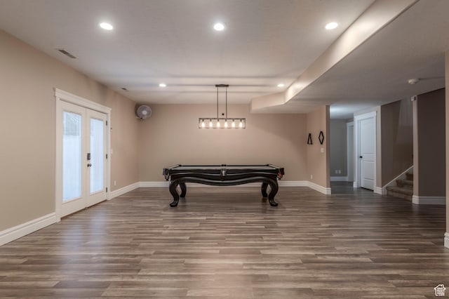 rec room with baseboards, recessed lighting, wood finished floors, and french doors
