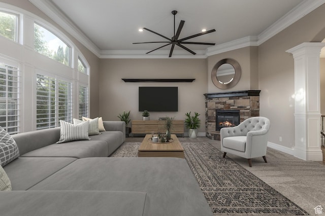 2378 S 550 W, Syracuse, UT 84075 - living room featuring crown molding, a stone fireplace, decorative columns, carpet, and recessed lighting