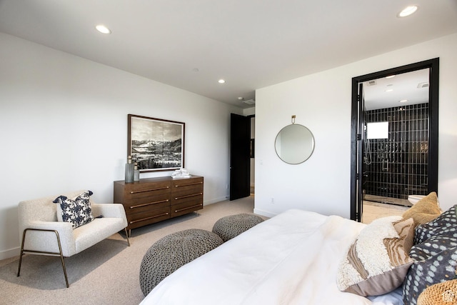 bedroom featuring light carpet, recessed lighting, and baseboards
