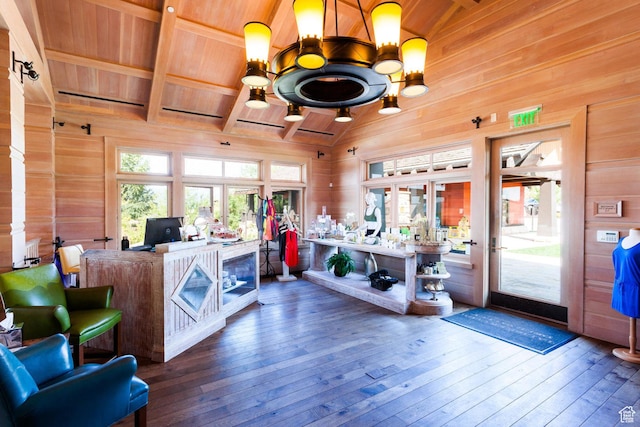 reception area with wood walls and wood ceiling