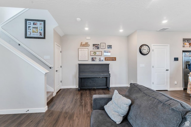 24 S Baker Spring Cv, Saratoga Springs, UT 84045 - living area featuring stairs, dark wood finished floors, recessed lighting, and baseboards