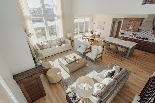 6489 W Yawkey Way, Herriman, UT 84096 - living room featuring a high ceiling and light wood finished floors