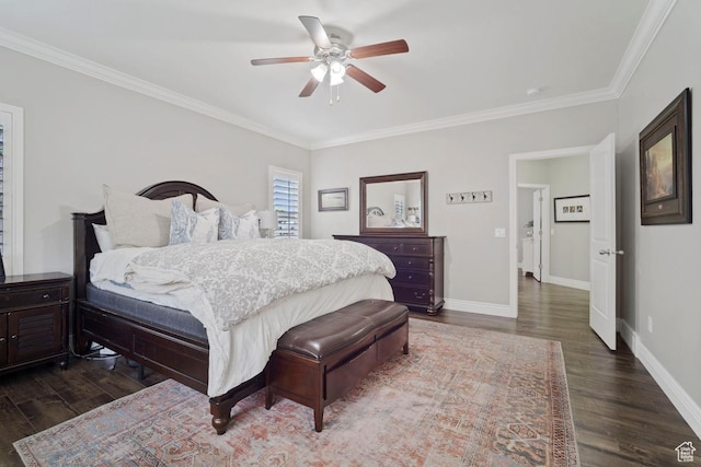 bedroom with dark wood finished floors, ornamental molding, baseboards, and a ceiling fan