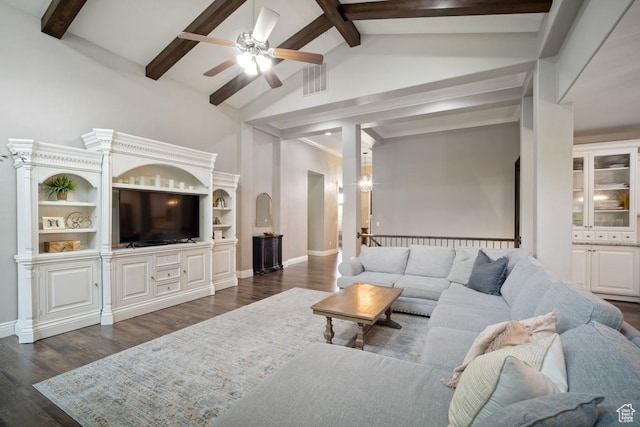 living area featuring ceiling fan, beamed ceiling, dark wood-style floors, high vaulted ceiling, and baseboards
