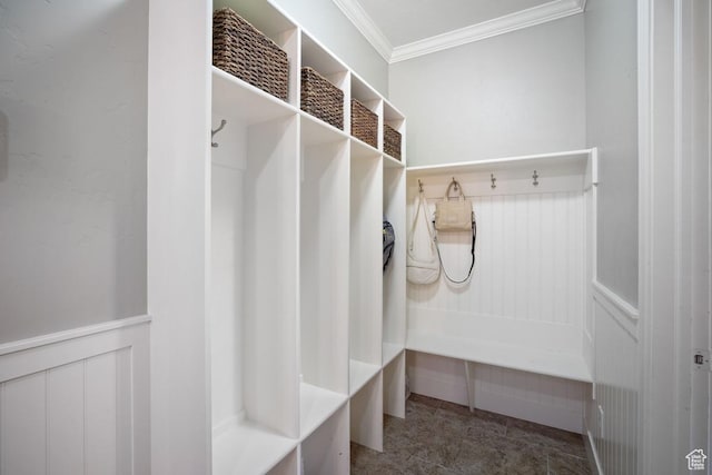 mudroom with ornamental molding, a decorative wall, and a wainscoted wall