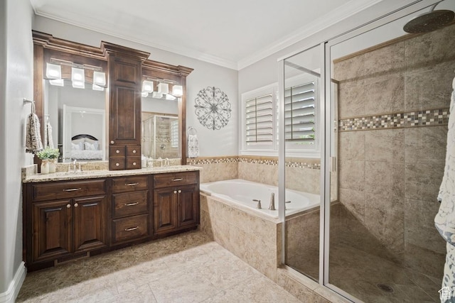 bathroom with a shower stall, a bath, double vanity, ornamental molding, and tile patterned flooring