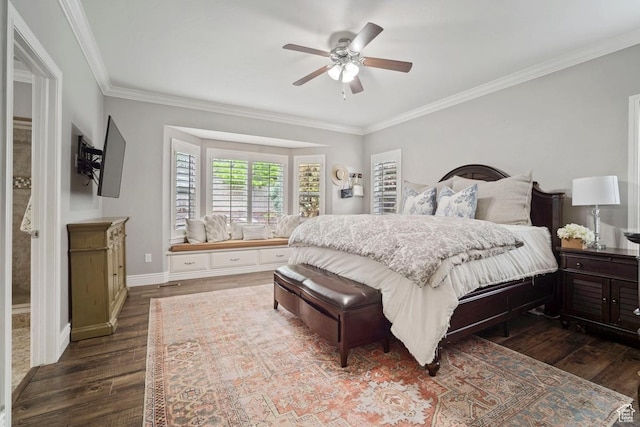 bedroom featuring ornamental molding, dark wood-type flooring, baseboards, and ceiling fan