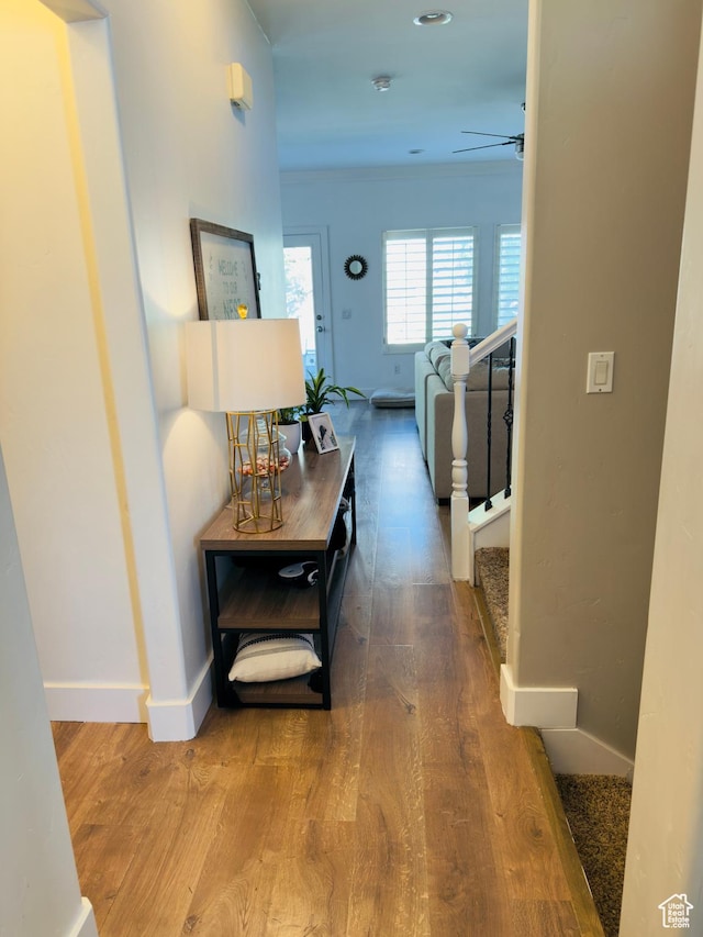 4382 N Pheasant Ridge Trl, Lehi, UT 84043 - hall featuring wood finished floors, baseboards, and crown molding