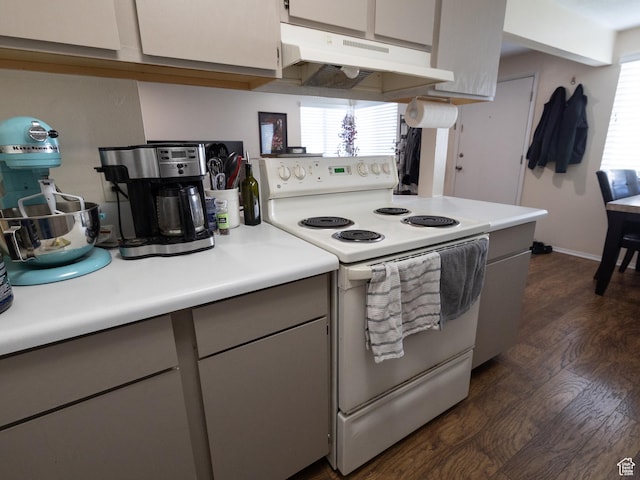 4318 S 1100 W Unit 34C, Salt Lake City, UT 84123 - kitchen with white range with electric stovetop, under cabinet range hood, dark wood-type flooring, and light countertops