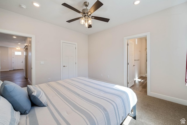 bedroom with recessed lighting, baseboards, and ceiling fan