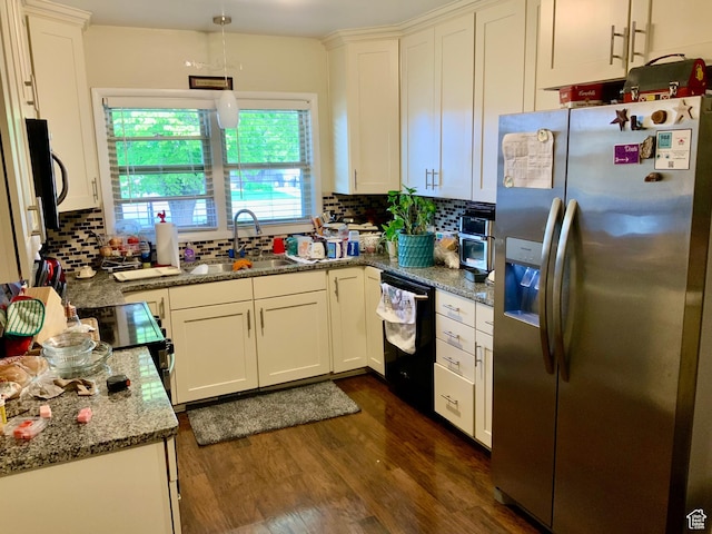111 W 570 N, Richfield, UT 84701 - kitchen with black appliances, a sink, dark wood finished floors, backsplash, and white cabinetry