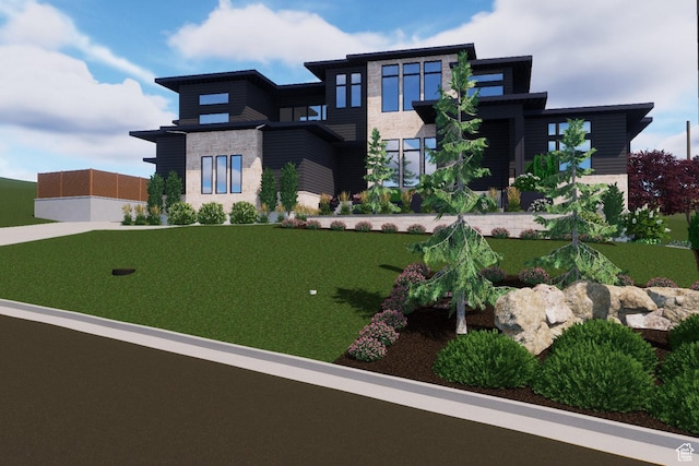 3756 E Hermes Dr, Salt Lake City, UT 84124 - contemporary house featuring stone siding and a front lawn