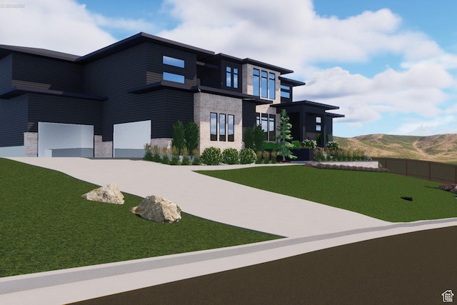 3756 E Hermes Dr, Salt Lake City, UT 84124 - modern home with stone siding, a mountain view, and a front lawn