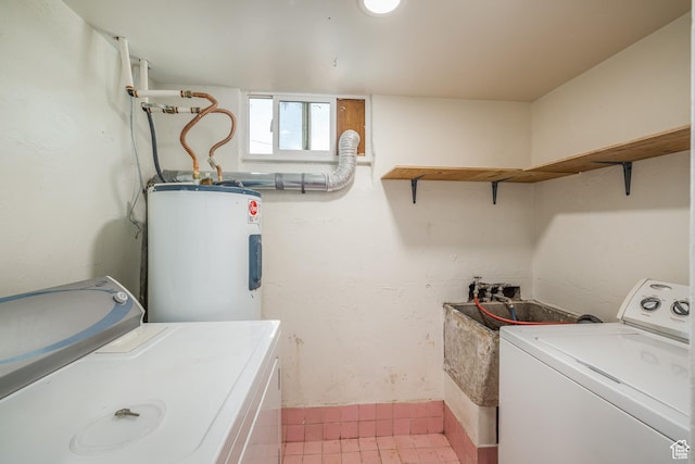 142 Hillside Dr, Moab, UT 84532 - clothes washing area featuring electric water heater, separate washer and dryer, and light tile patterned flooring