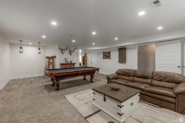 recreation room featuring recessed lighting, light colored carpet, baseboards, and billiards table