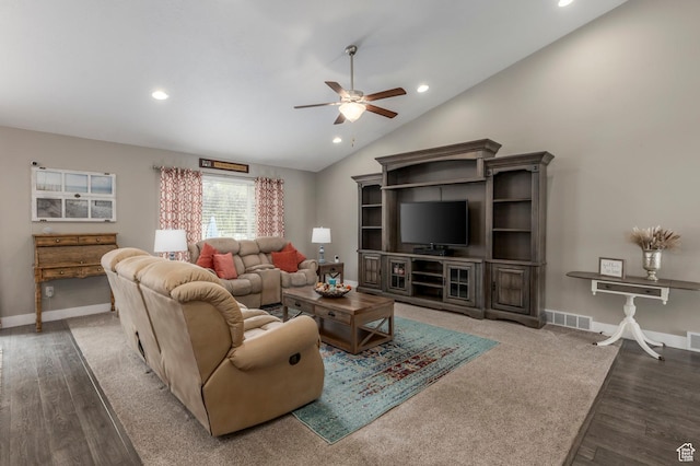 living area with a ceiling fan, wood finished floors, recessed lighting, vaulted ceiling, and baseboards