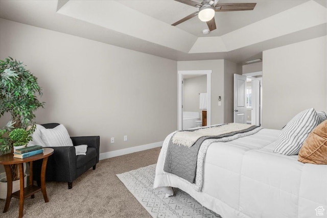 930 N 90 W, Santaquin, UT 84655 - bedroom featuring a tray ceiling, light colored carpet, baseboards, ensuite bath, and a ceiling fan