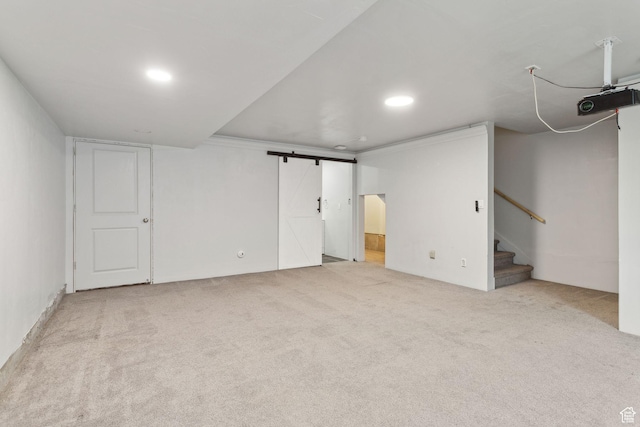 3714 W Soft Whisper Way, Herriman, UT 84096 - finished below grade area featuring carpet flooring, stairs, recessed lighting, and a barn door