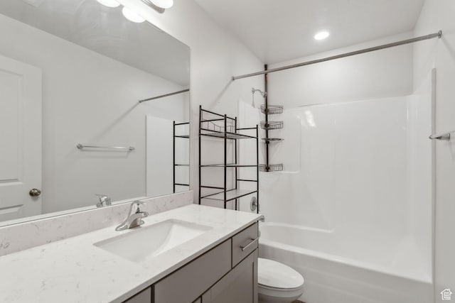 3714 W Soft Whisper Way, Herriman, UT 84096 - bathroom with toilet, vanity, washtub / shower combination, and recessed lighting