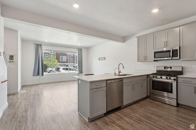 3714 W Soft Whisper Way, Herriman, UT 84096 - kitchen with appliances with stainless steel finishes, gray cabinets, a peninsula, a sink, and dark wood finished floors