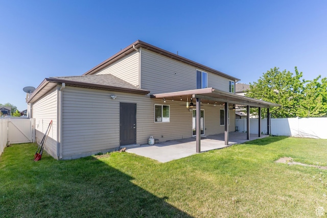 886 Cambridge Dr, North Salt Lake, UT 84054 - back of property featuring a patio area, ceiling fan, a shingled roof, and a gate