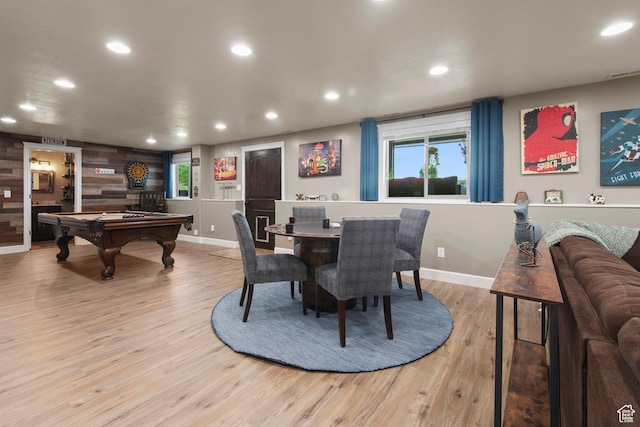playroom featuring pool table, recessed lighting, wood finished floors, and baseboards