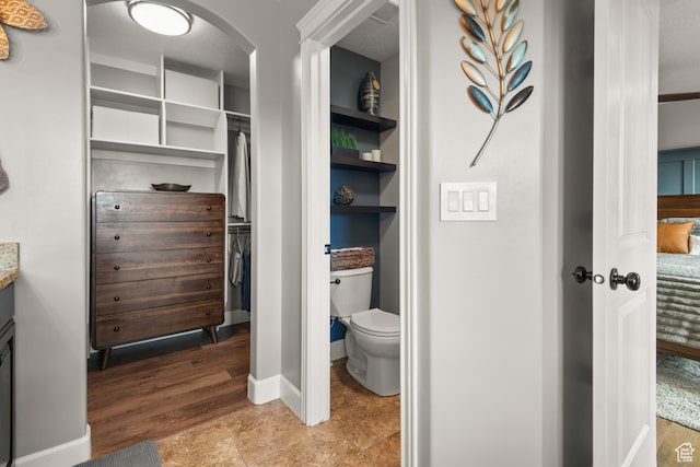 bathroom with toilet, vanity, and a walk in closet