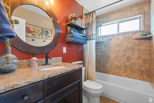 full bath with vanity, toilet, and shower / bath combination with curtain