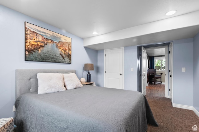 carpeted bedroom with baseboards and recessed lighting