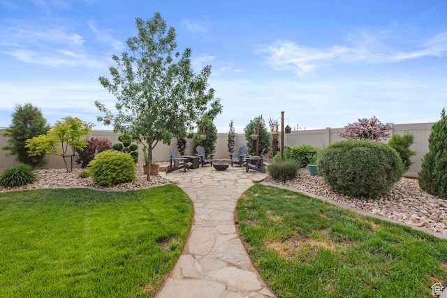 view of yard with a patio and a fire pit