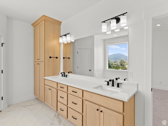 1427 N 290 E Unit 02, Salem, UT 84653 - bathroom with double vanity, marble look tile flooring, and recessed lighting