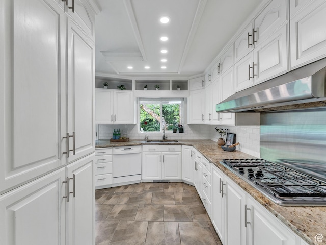 4131 S Fortuna Way E, Salt Lake City, UT 84124 - kitchen with dishwasher, a sink, under cabinet range hood, stainless steel gas cooktop, and backsplash