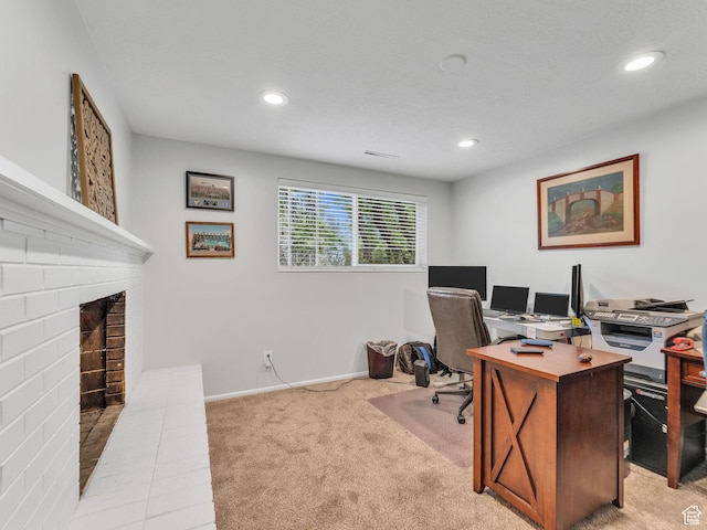 4131 S Fortuna Way E, Salt Lake City, UT 84124 - office with light colored carpet, recessed lighting, a brick fireplace, and baseboards
